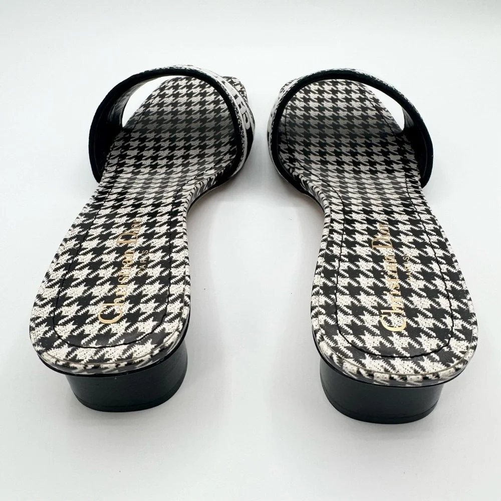 NEW Dior White Black Day Micro Logo Houndstooth Slide Sandals Block Heels Mules